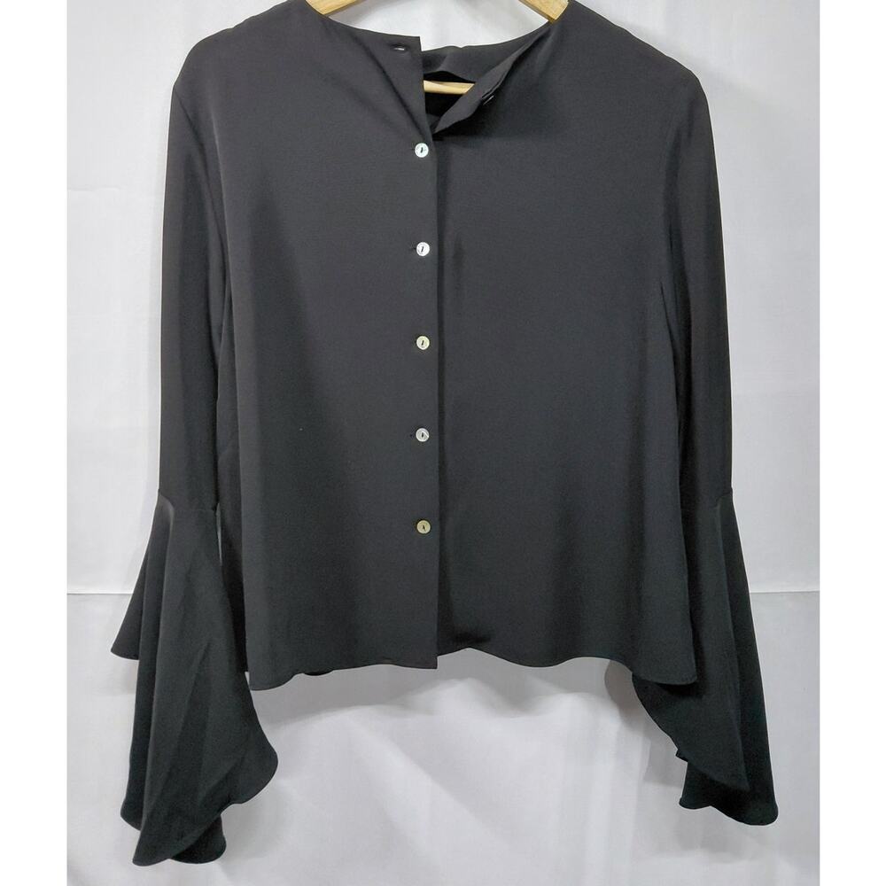 CARMEN Marc Valvo Black Button-Up Blouse Solid Long Sleeve Women Size 10